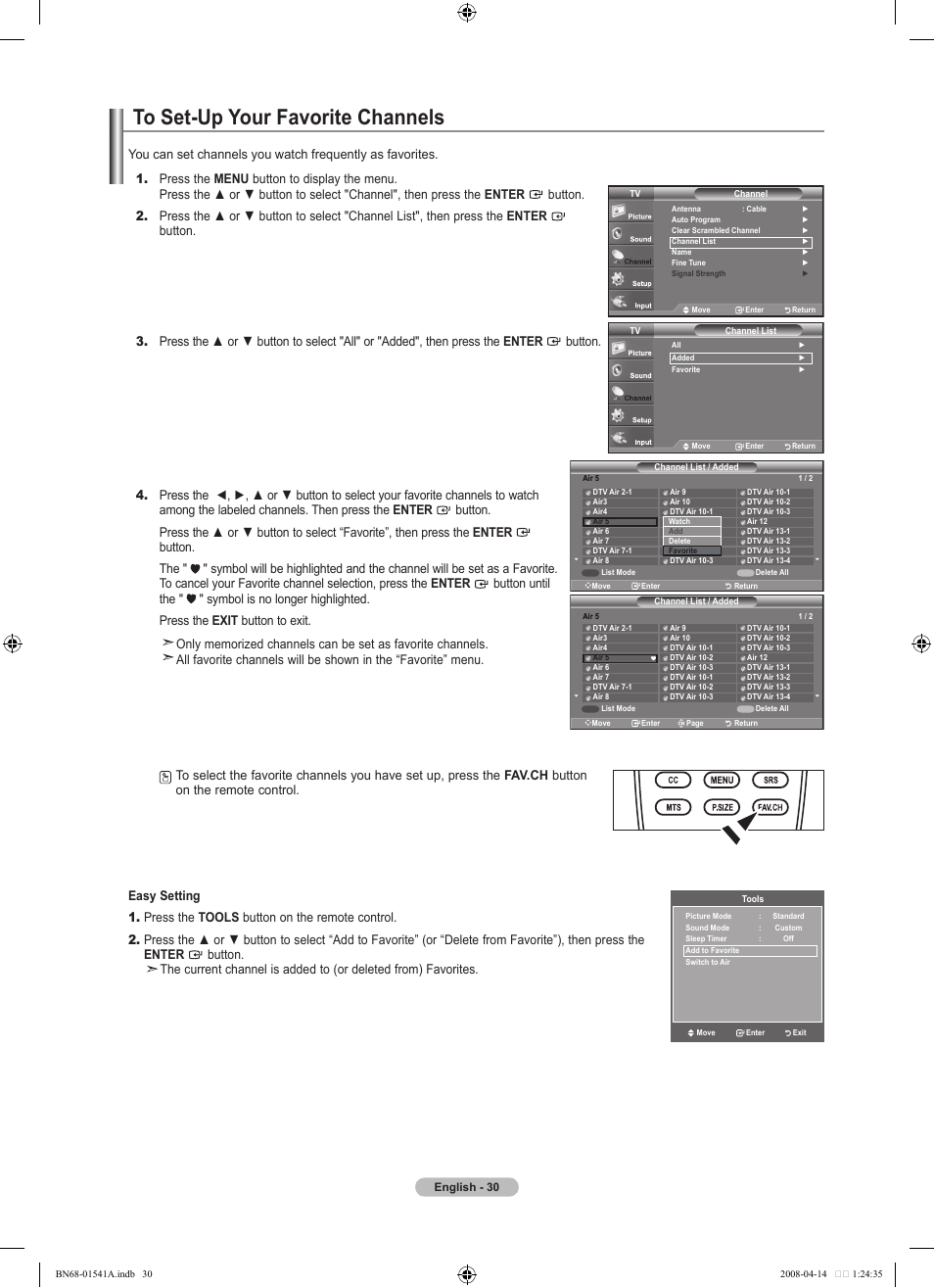 To set-up your favorite channels | Samsung BN68-01541A-01 User Manual | Page 32 / 121