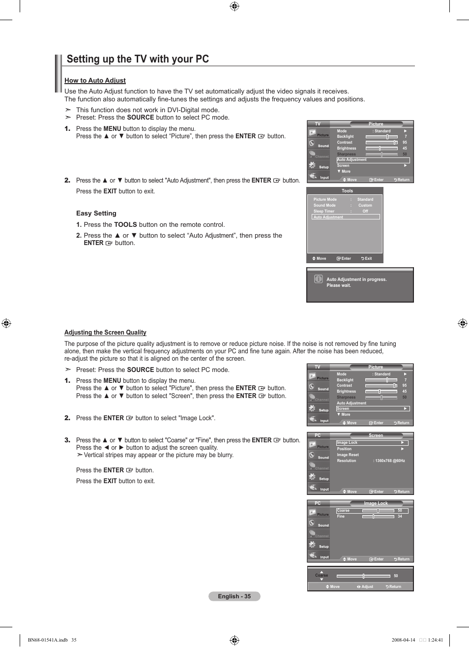 Setting up the tv with your pc, This function does not work in dvi-digital mode | Samsung BN68-01541A-01 User Manual | Page 37 / 121
