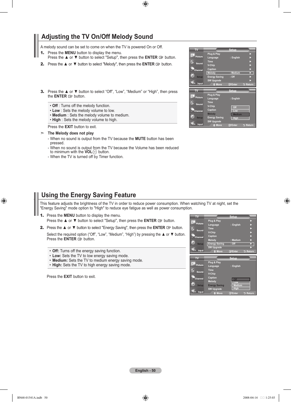 Adjusting the tv on/off melody sound, Using the energy saving feature | Samsung BN68-01541A-01 User Manual | Page 52 / 121