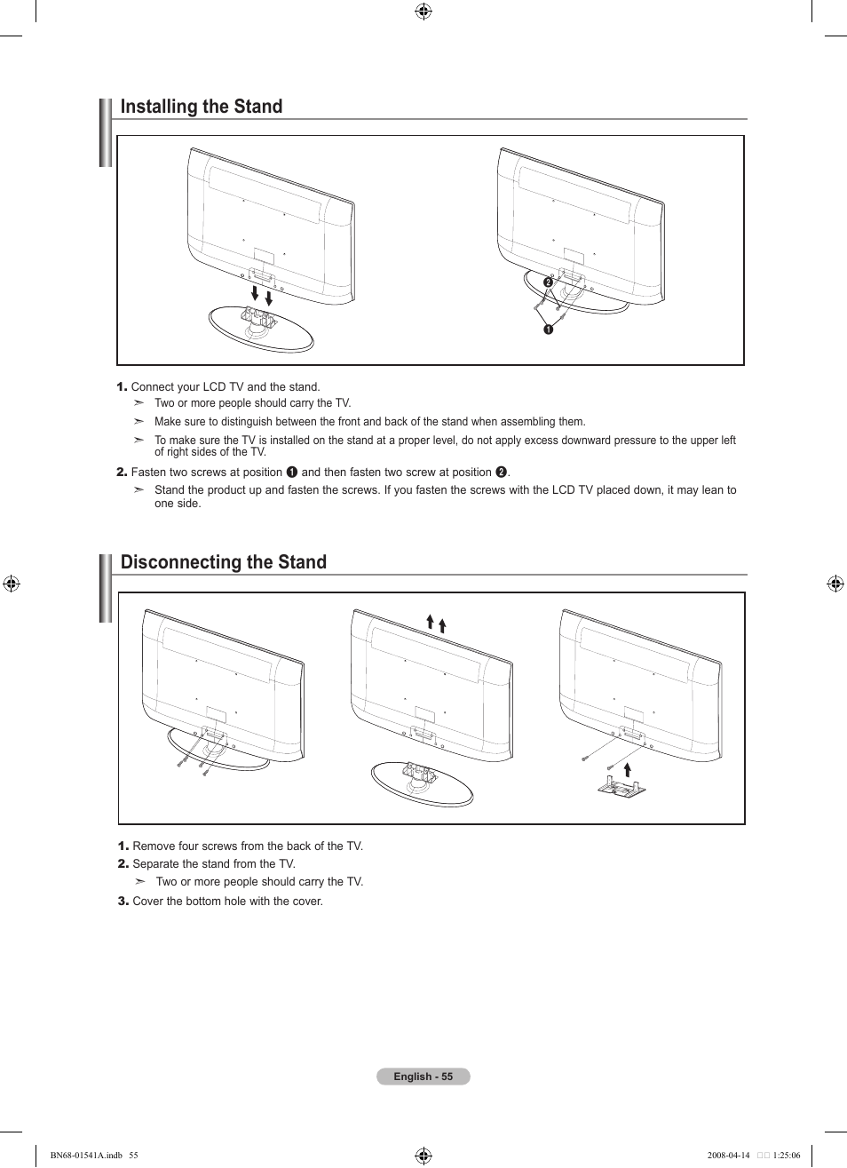 Installing the stand, Disconnecting the stand | Samsung BN68-01541A-01 User Manual | Page 57 / 121