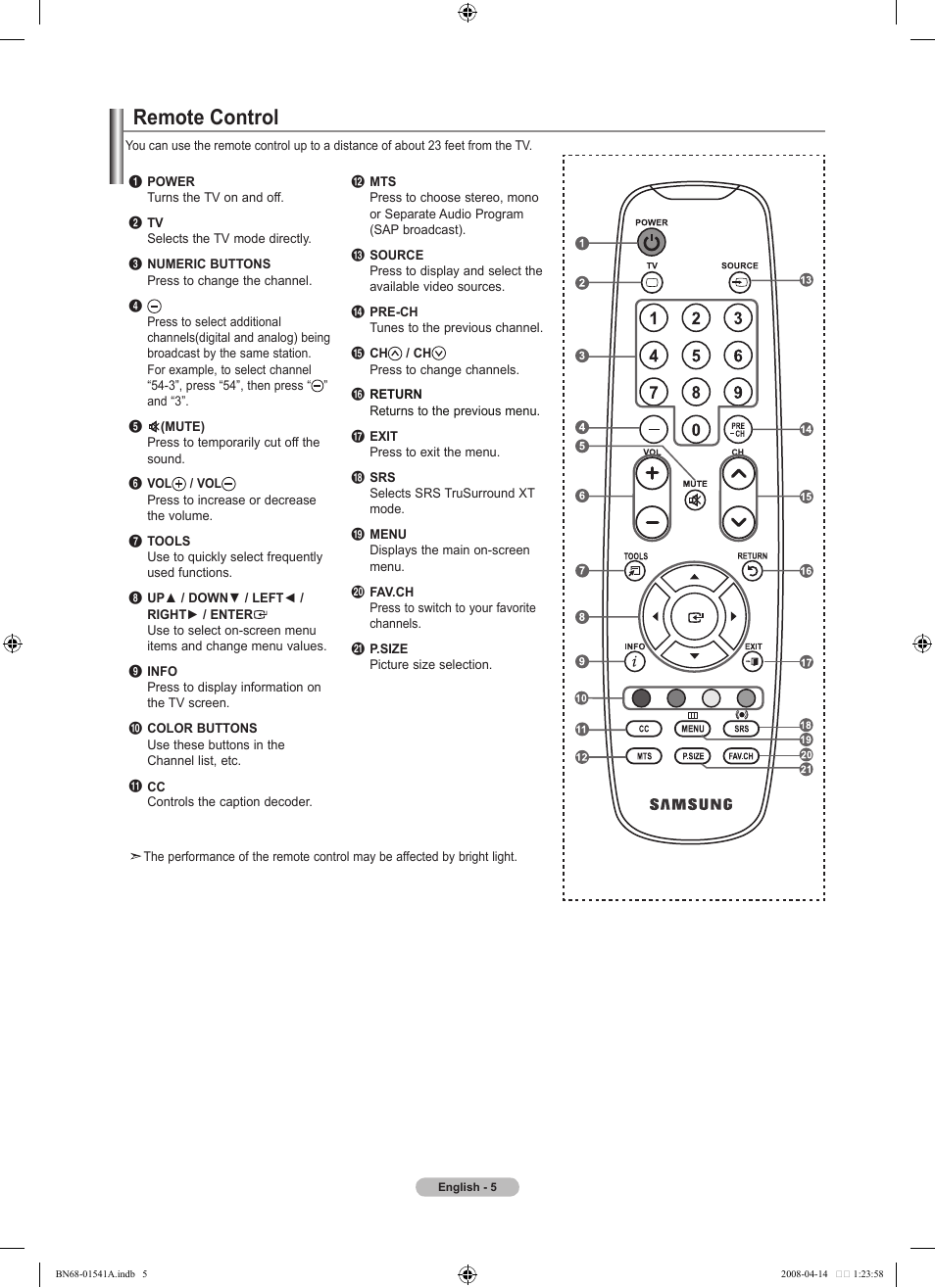 Remote control | Samsung BN68-01541A-01 User Manual | Page 7 / 121