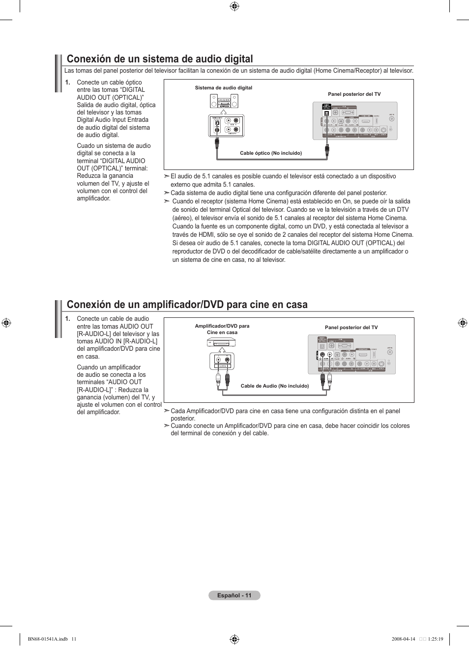 Conexión de un amplificador/dvd para cine en casa, Conexión de un sistema de audio digital | Samsung BN68-01541A-01 User Manual | Page 73 / 121