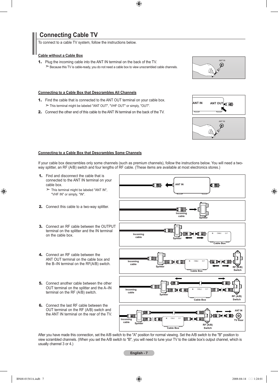 Connecting cable tv | Samsung BN68-01541A-01 User Manual | Page 9 / 121