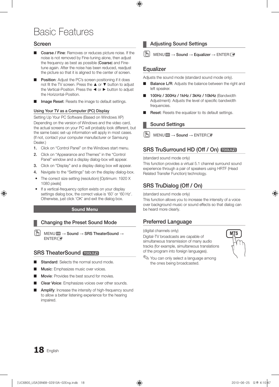 Sound menu, Basic features, Screen | Srs theatersound, Equalizer, Srs trusurround hd (off / on), Srs trudialog (off / on), Preferred language | Samsung 6800 User Manual | Page 18 / 61