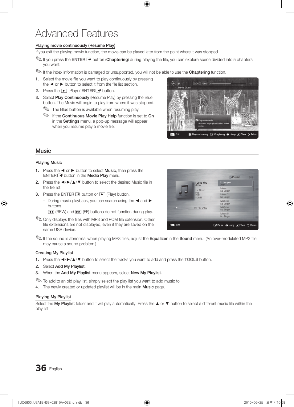 Advanced features, Music | Samsung 6800 User Manual | Page 36 / 61