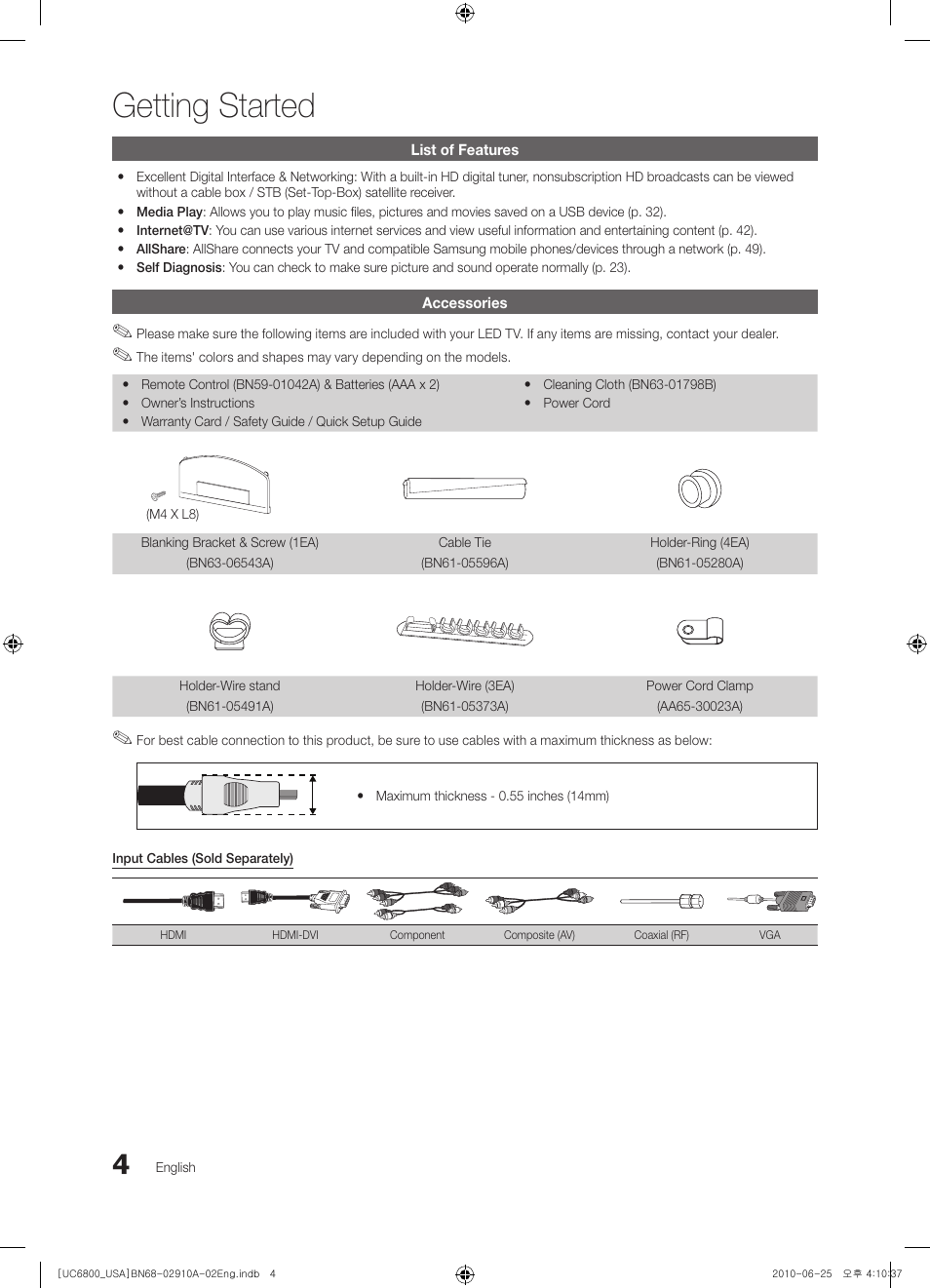 Getting started, List of features, Accessories | Samsung 6800 User Manual | Page 4 / 61