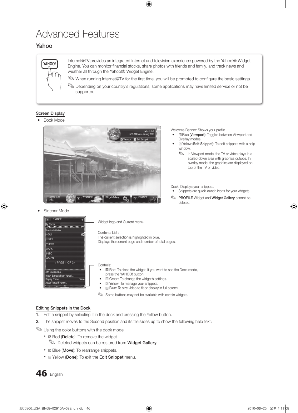 Advanced features, Yahoo | Samsung 6800 User Manual | Page 46 / 61