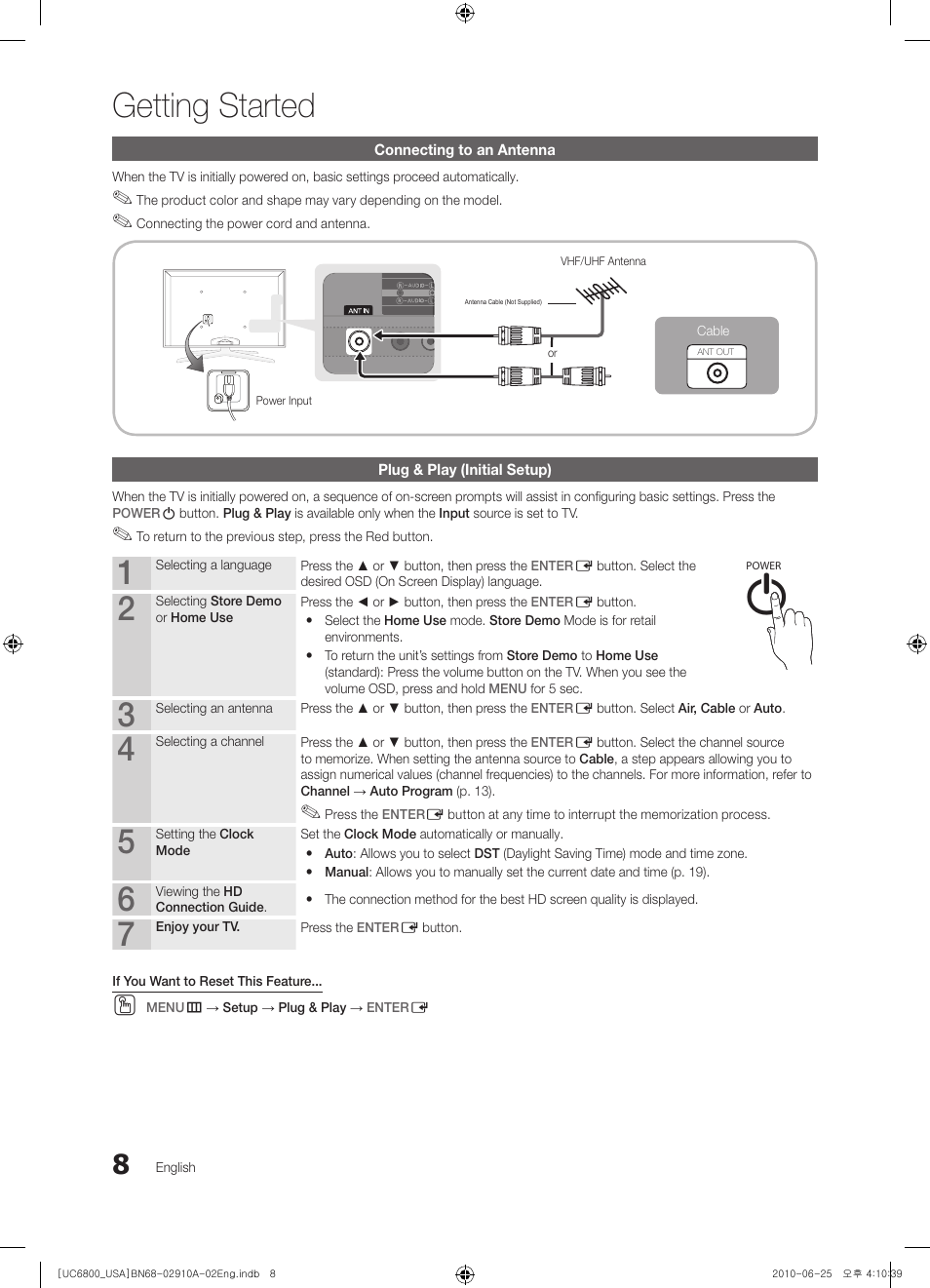 Connecting to an antenna, Plug & play (initial setup), Getting started | Samsung 6800 User Manual | Page 8 / 61