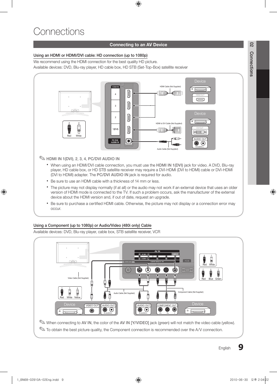 Connections, Connecting to an av device, 02 connections | Samsung 6800 User Manual | Page 9 / 61