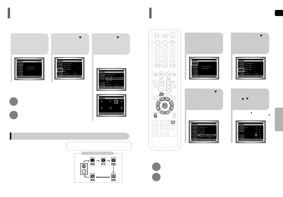 Setting the test tone, Setting the drc, Dynamic range compression) | Samsung HT-P50 User Manual | Page 29 / 38