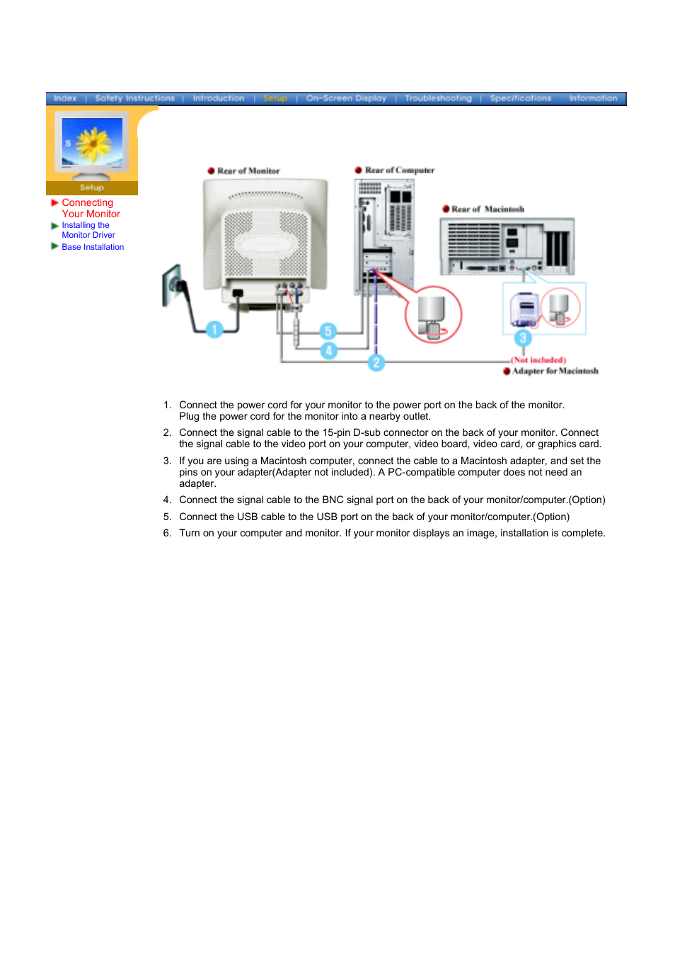 Set up, Connecting your monitor | Samsung 1100DF User Manual | Page 12 / 79