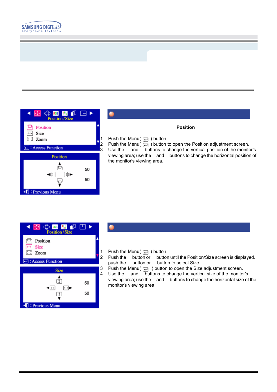 On-screen display, Position size | Samsung 1100DF User Manual | Page 22 / 79