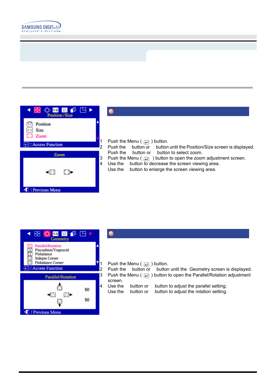 On-screen display, Zoom parallel/rotation | Samsung 1100DF User Manual | Page 23 / 79