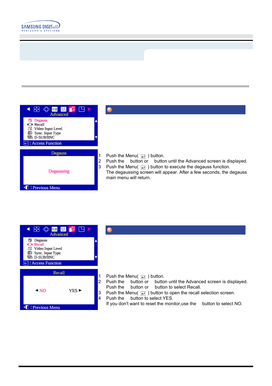 On-screen display, Degauss recall | Samsung 1100DF User Manual | Page 30 / 79