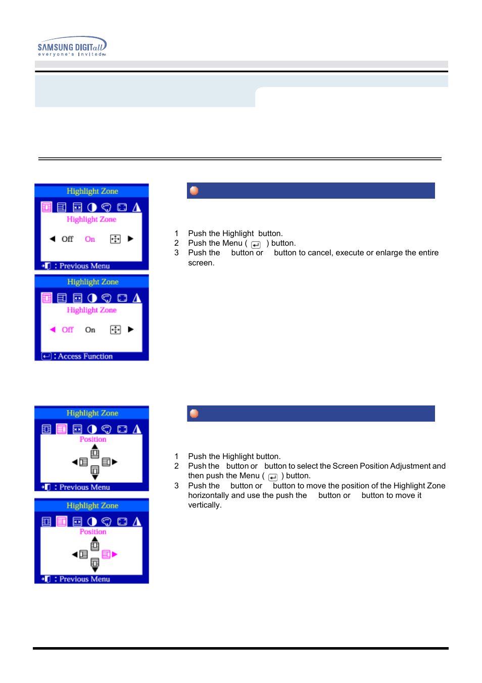 On-screen display, Highlight zone position | Samsung 1100DF User Manual | Page 36 / 79