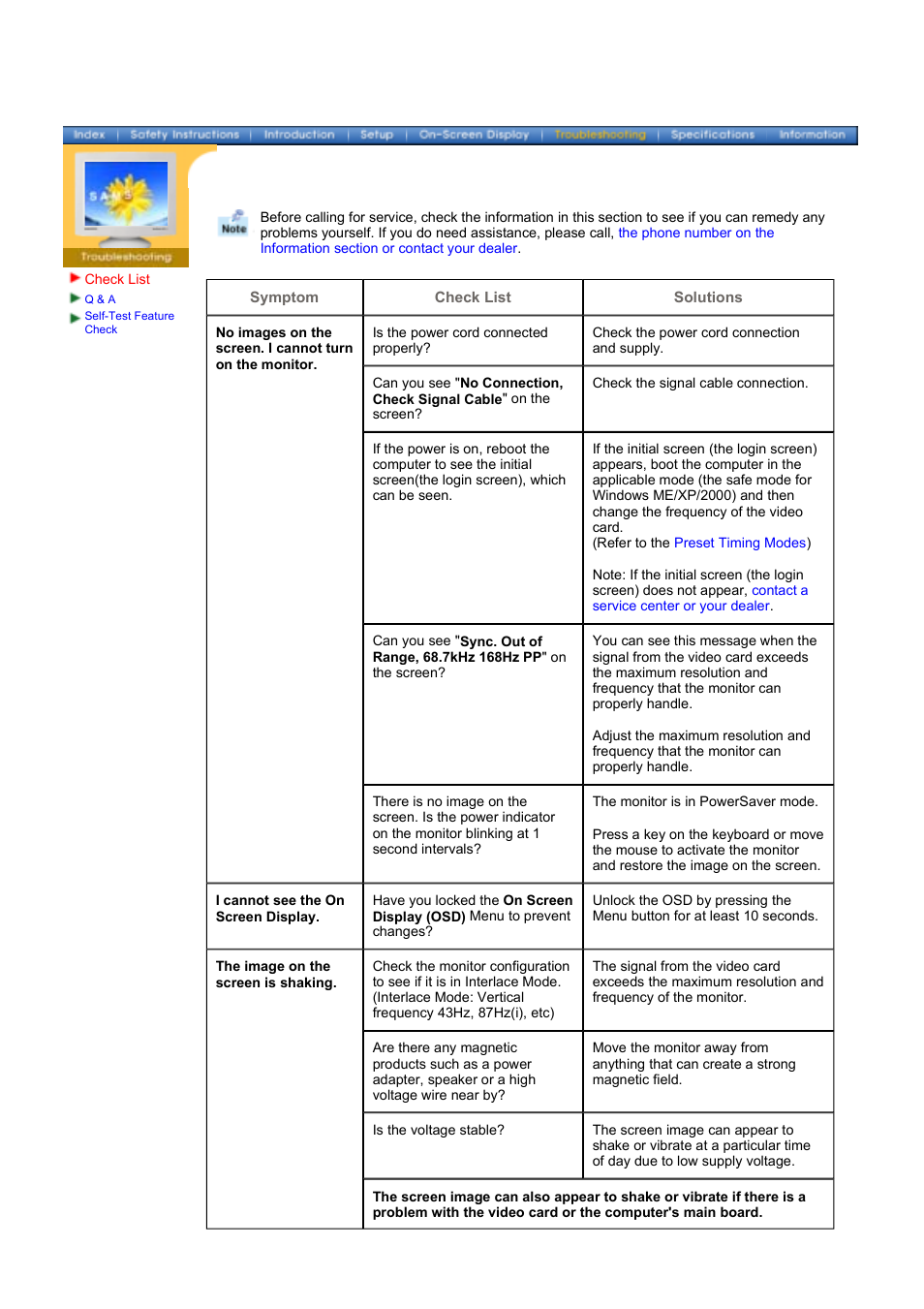 Troubleshooting, Check list | Samsung 1100DF User Manual | Page 56 / 79