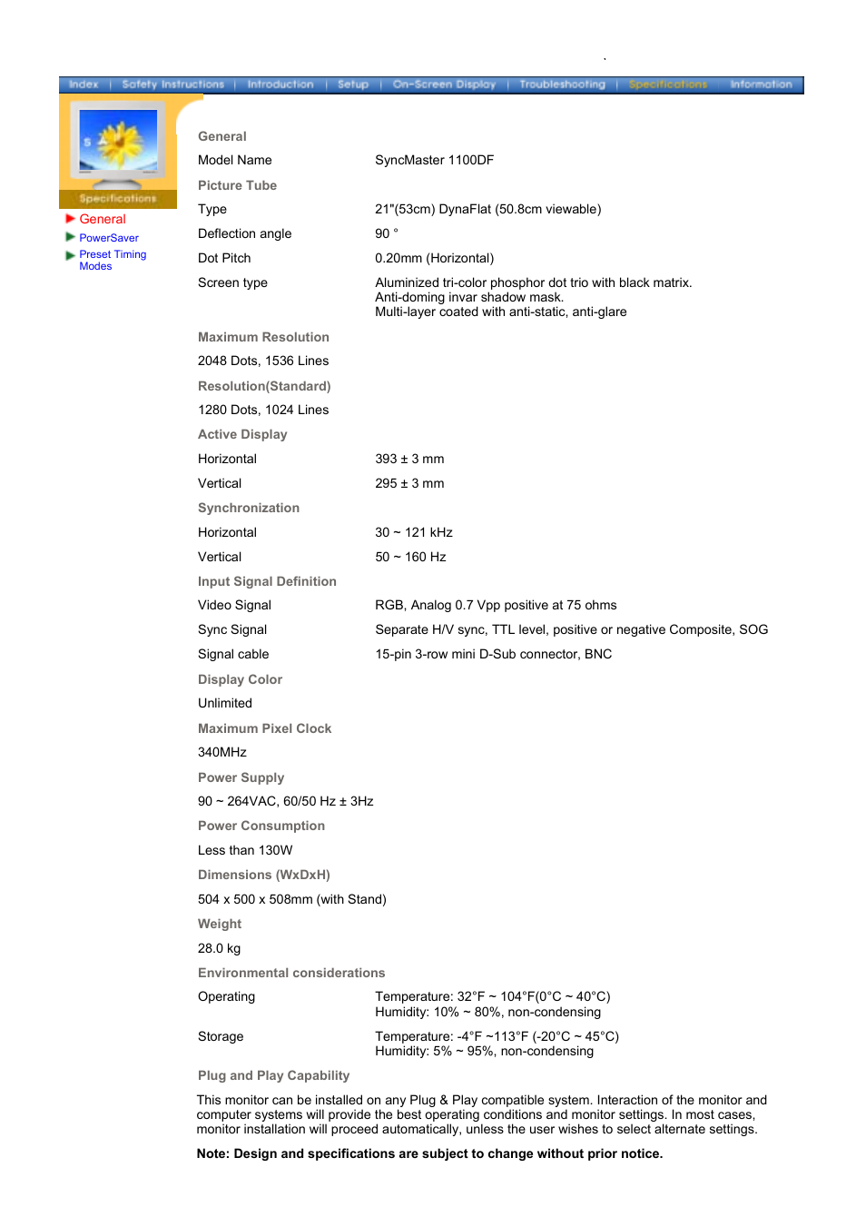 Specifications, General specifications | Samsung 1100DF User Manual | Page 64 / 79