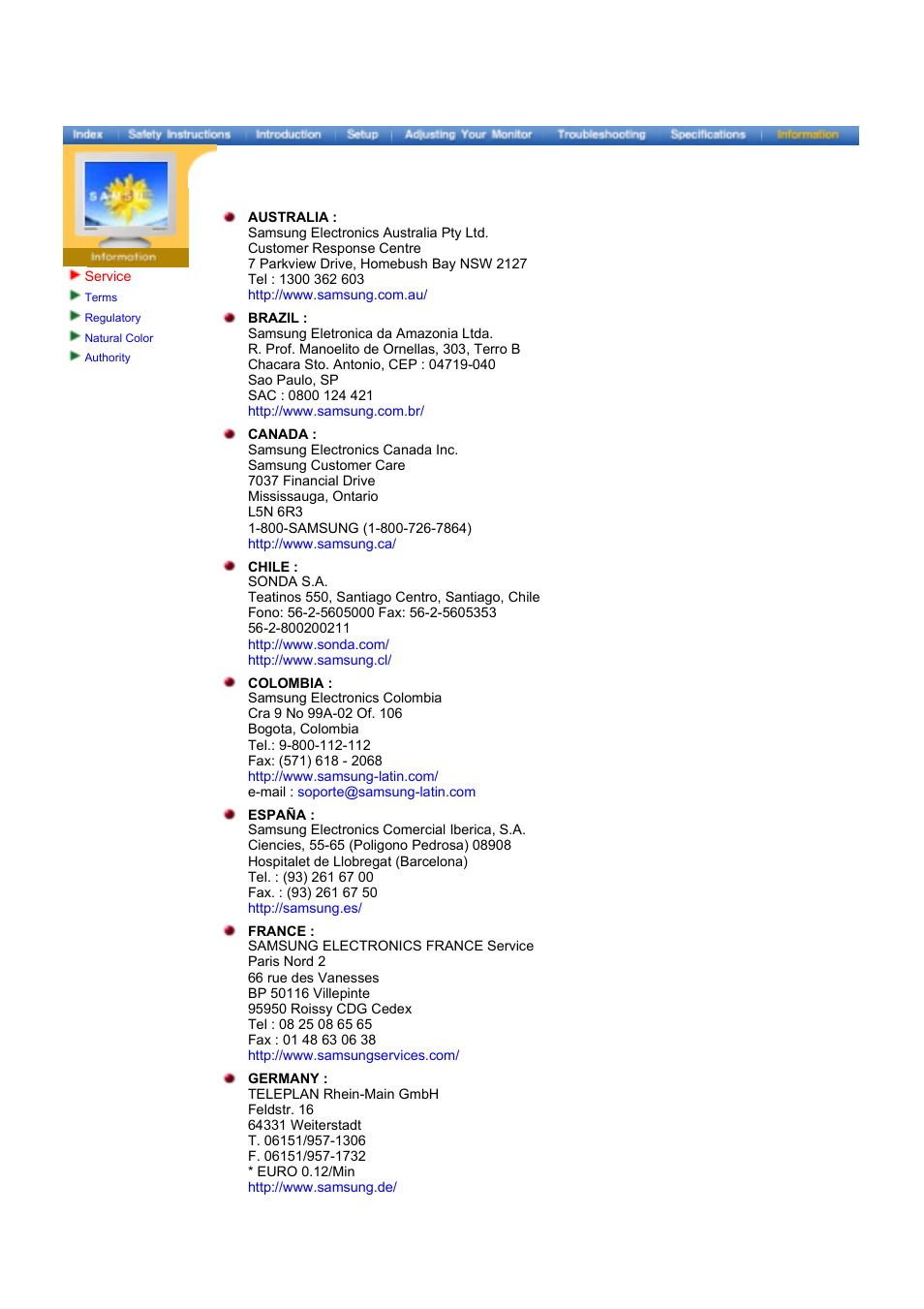 Information, Service | Samsung 1100DF User Manual | Page 67 / 79
