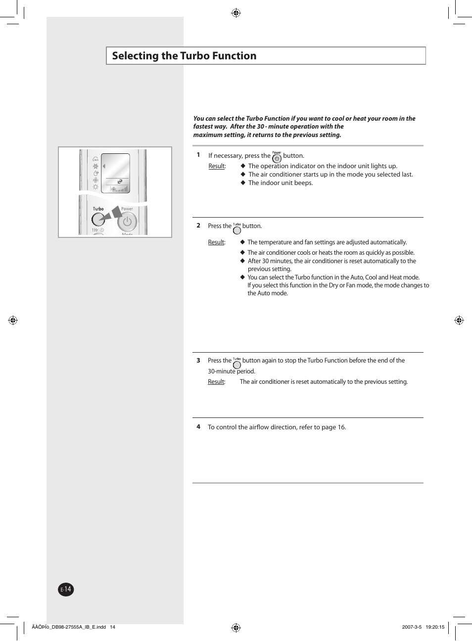 Selecting the turbo function | Samsung AQV18J User Manual | Page 14 / 26