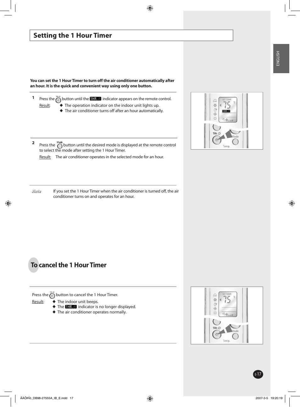 Setting the 1 hour timer | Samsung AQV18J User Manual | Page 17 / 26