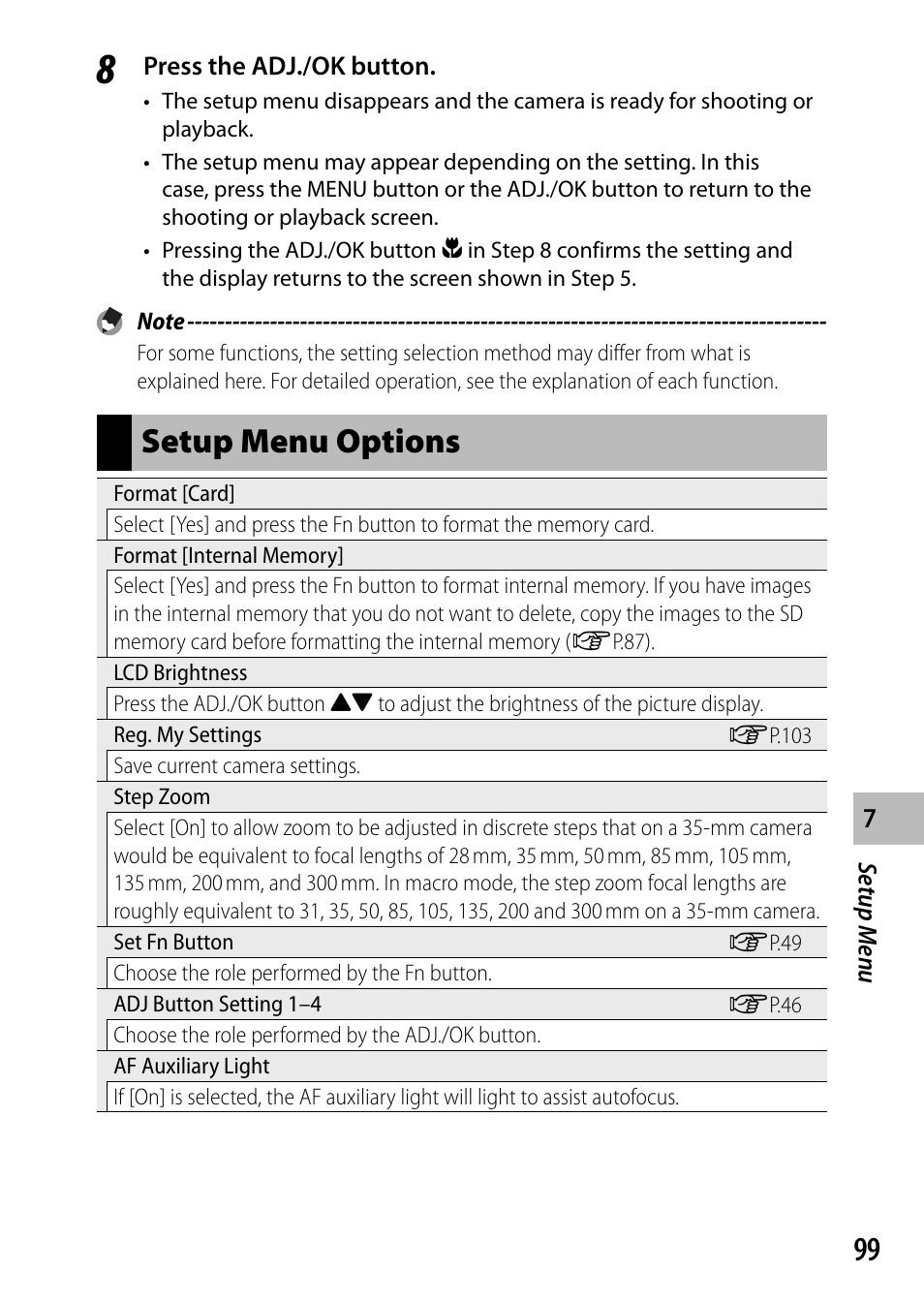 Setup menu options | Samsung CX4 User Manual | Page 100 / 144