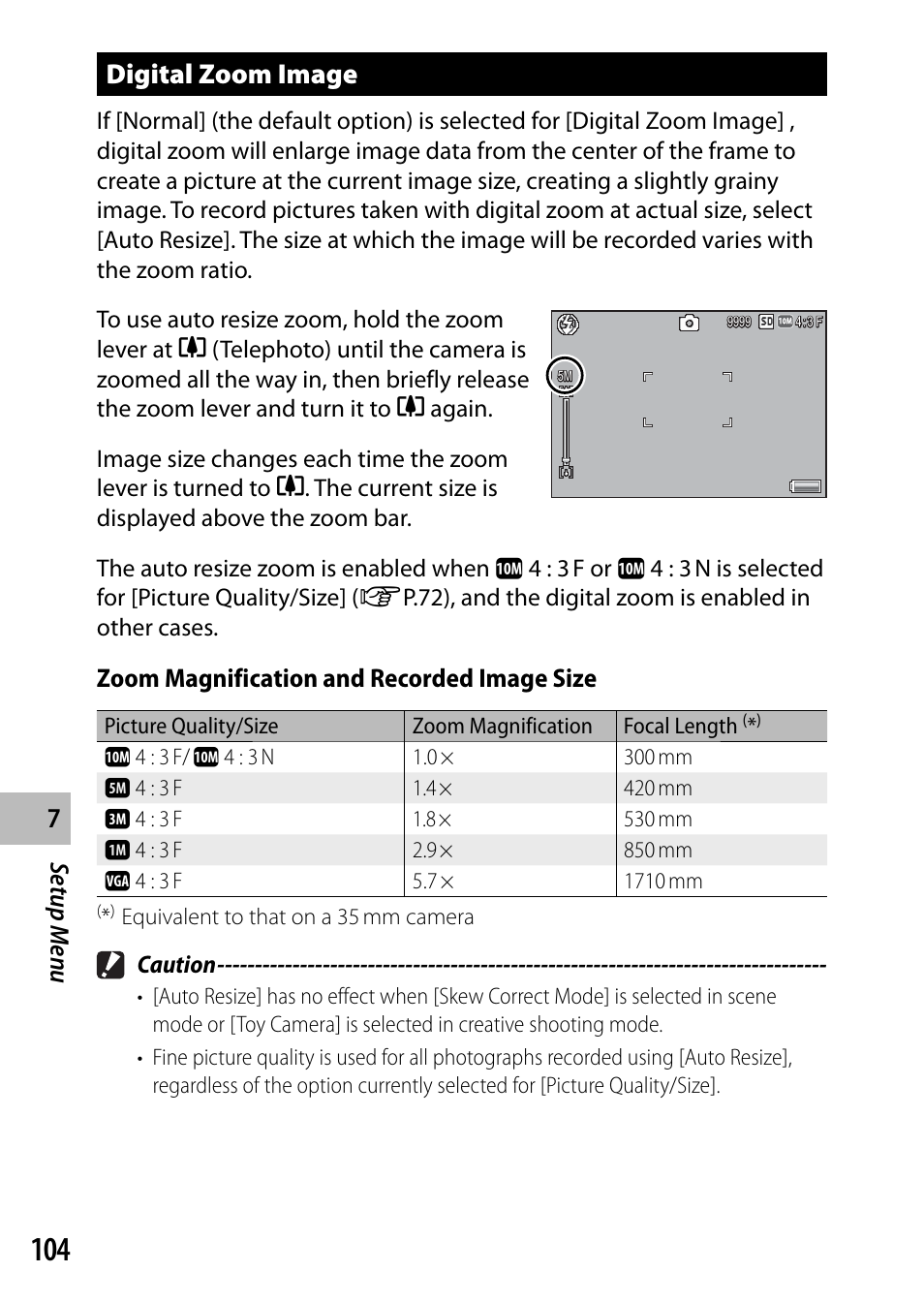 Digital zoom image, Setup men u, Zoom magnification and recorded image size | Caution | Samsung CX4 User Manual | Page 105 / 144