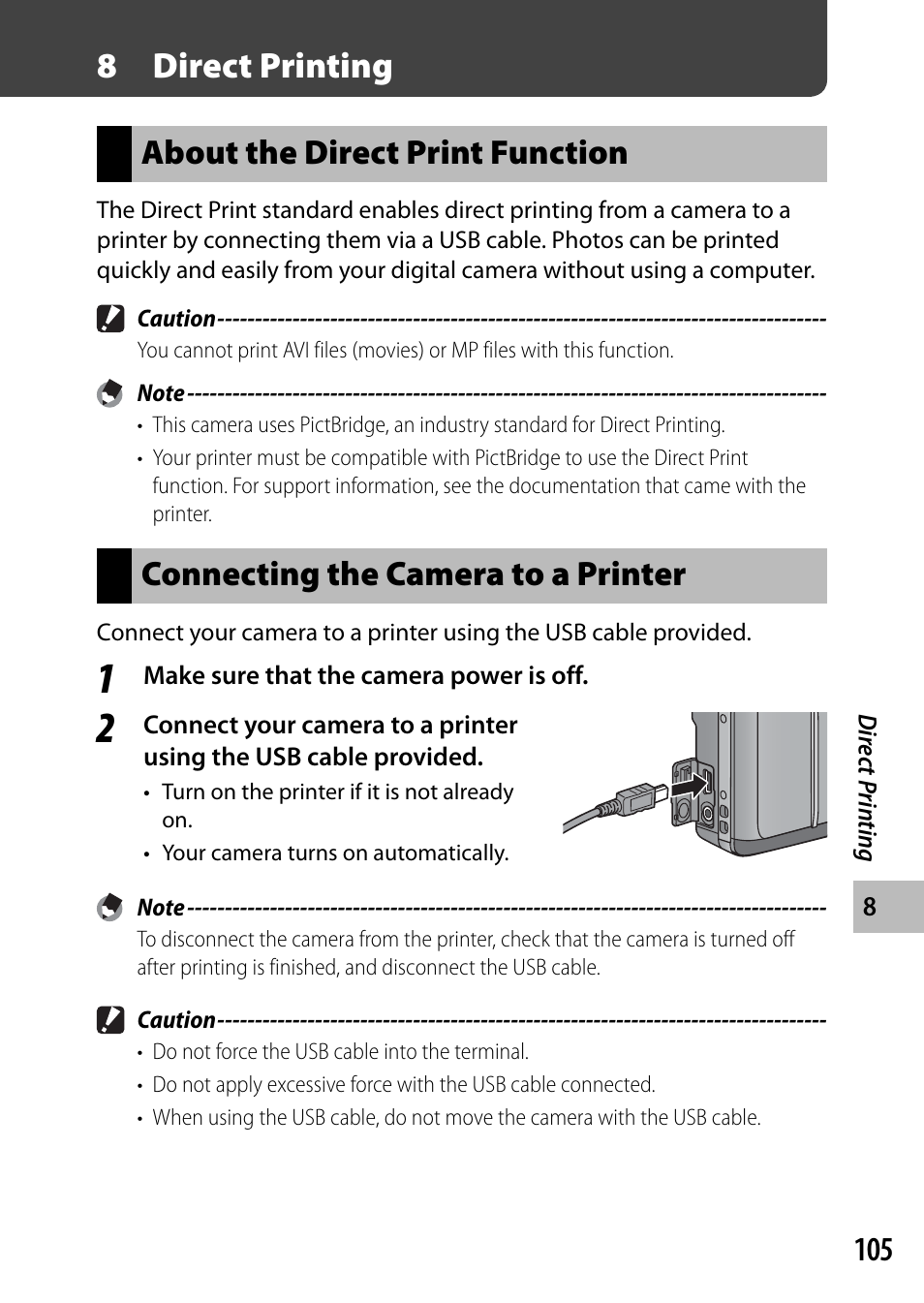 8direct printing, About the direct print function, Connecting the camera to a printer | Samsung CX4 User Manual | Page 106 / 144