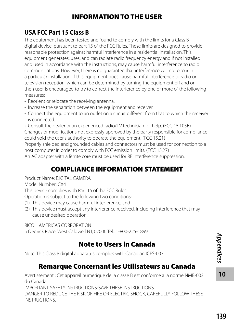 Information to the user, Compliance information statement, Remarque concernant les utilisateurs au canada | Samsung CX4 User Manual | Page 140 / 144