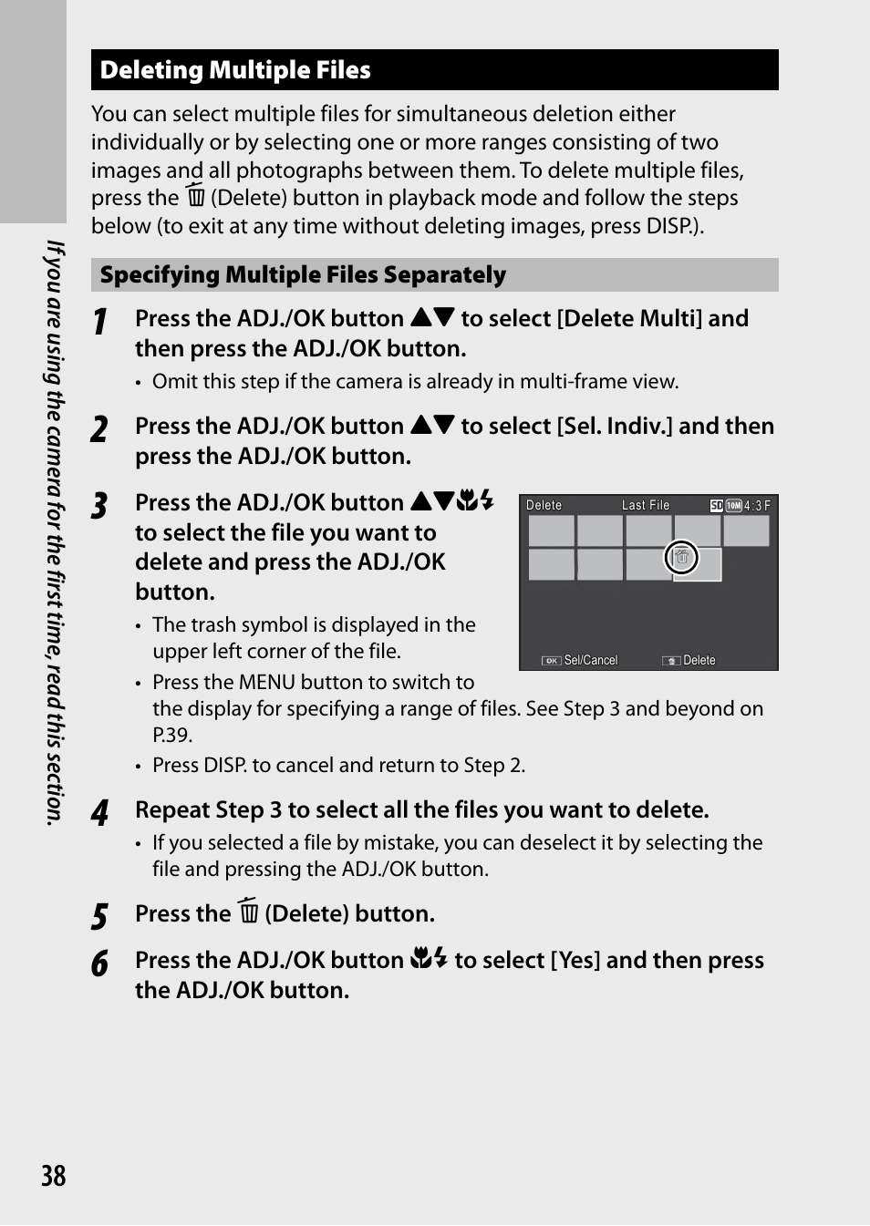 Deleting multiple files, Specifying multiple files separately, Press the d (delete) button | Samsung CX4 User Manual | Page 39 / 144