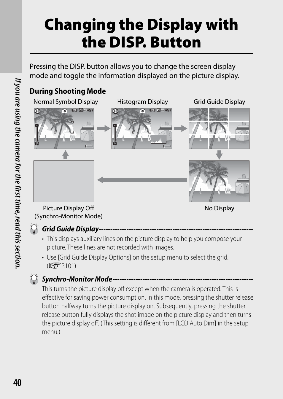 Changing the display with the disp. button, During shooting mode, Grid guide display | Synchro-monitor mode | Samsung CX4 User Manual | Page 41 / 144