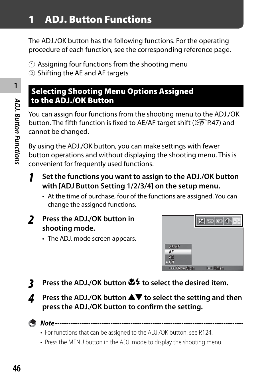 1 adj. button functions, Adj. butt on f unc tions, Press the adj./ok button in shooting mode | Samsung CX4 User Manual | Page 47 / 144