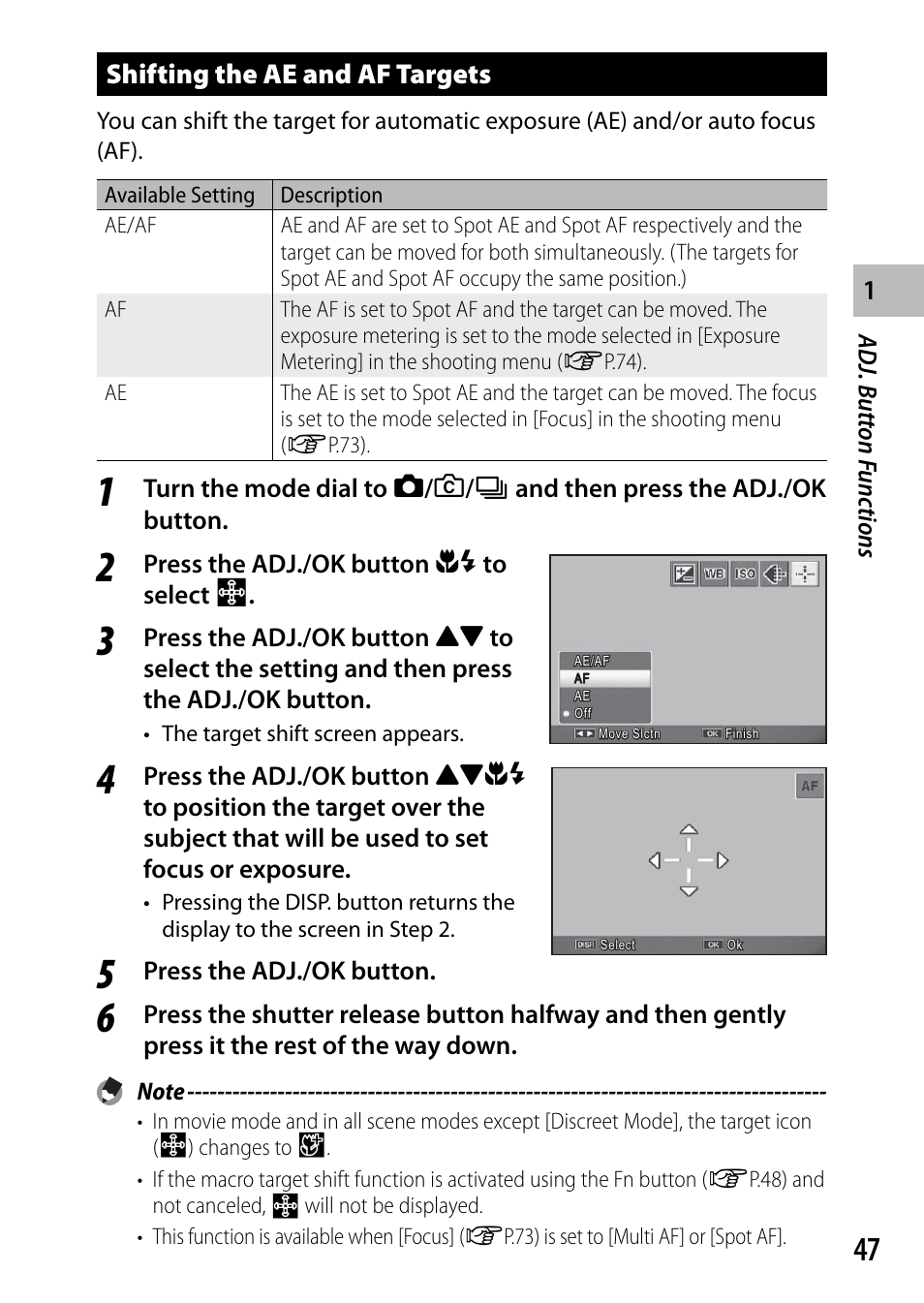 Shifting the ae and af targets, Adj. butt on f unc tions, Press the adj./ok button nf to select p | Press the adj./ok button | Samsung CX4 User Manual | Page 48 / 144