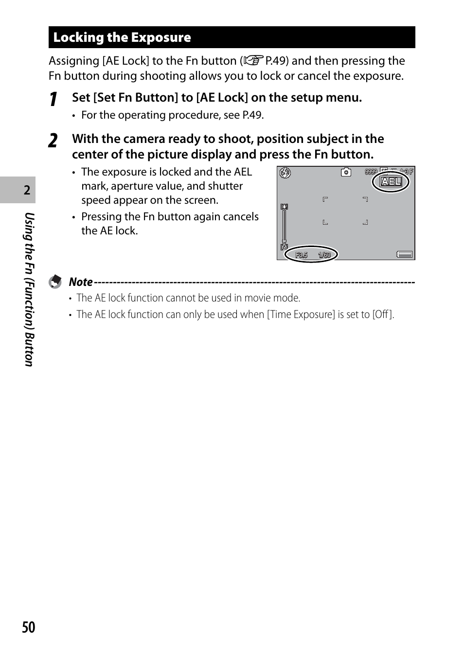 Locking the exposure, Using the f n (f unc tion) butt on, Set [set fn button] to [ae lock] on the setup menu | Samsung CX4 User Manual | Page 51 / 144