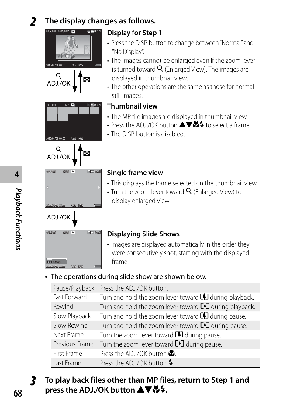 Playback f unc tions, The display changes as follows, 8adj./ok 9 | Adj./ok | Samsung CX4 User Manual | Page 69 / 144