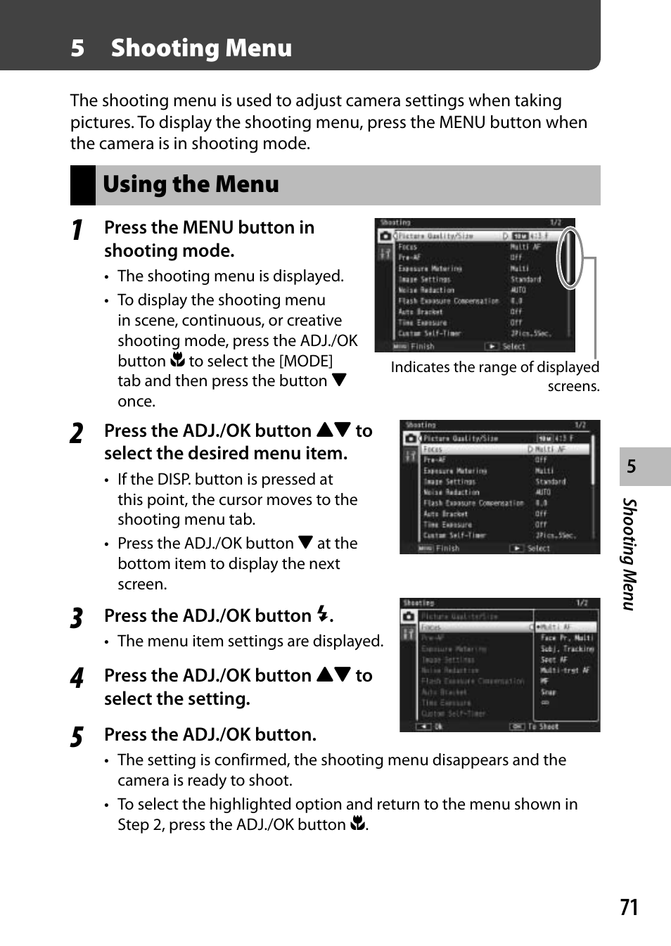 5shooting menu, Using the menu | Samsung CX4 User Manual | Page 72 / 144