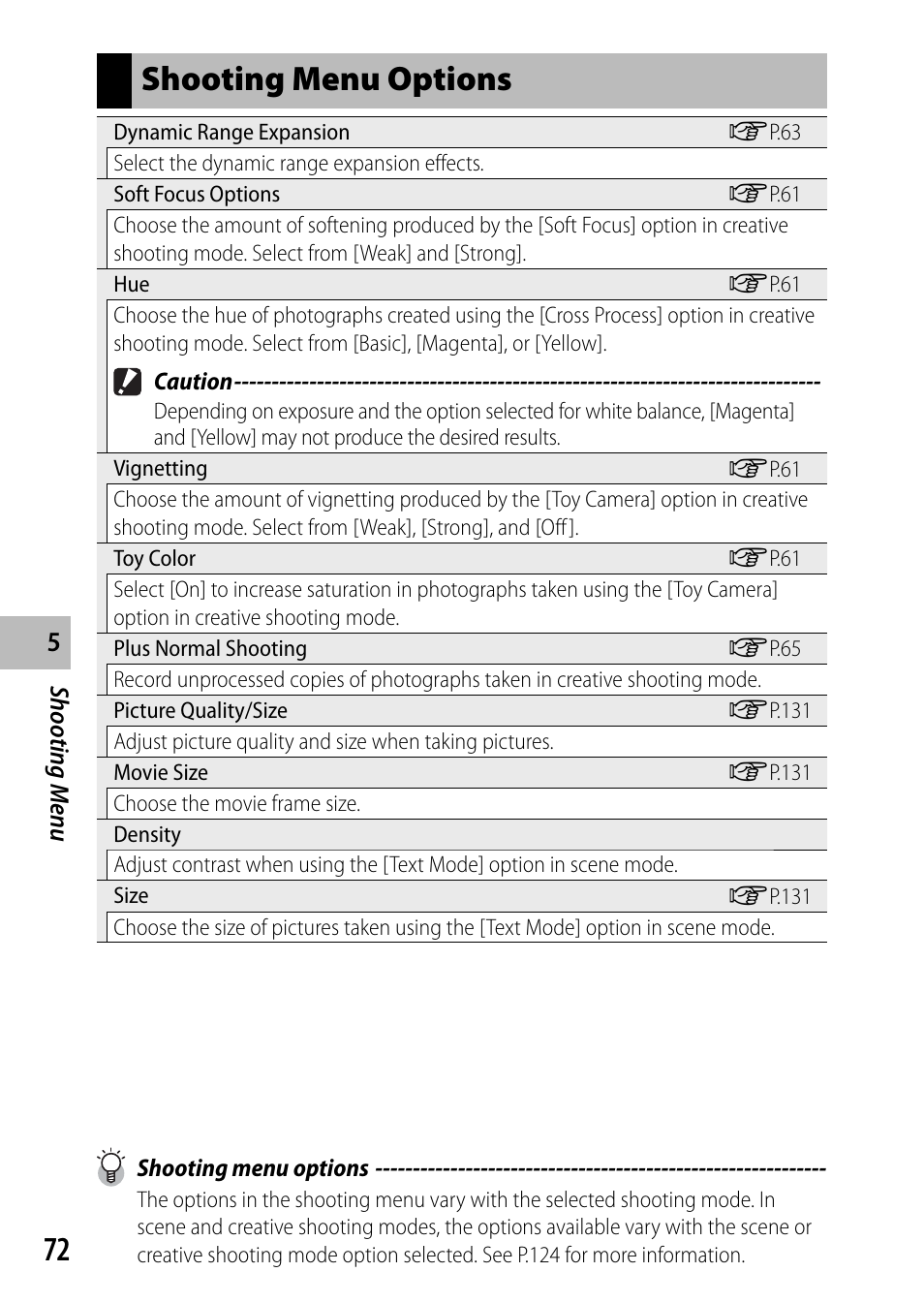 Shooting menu options | Samsung CX4 User Manual | Page 73 / 144