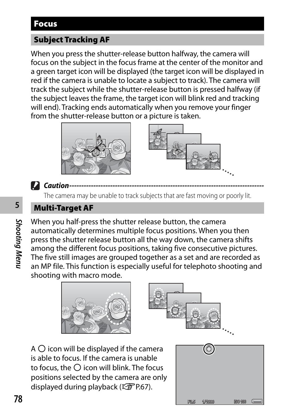 Focus, Shooting men u, Subject tracking af | Multi-target af | Samsung CX4 User Manual | Page 79 / 144