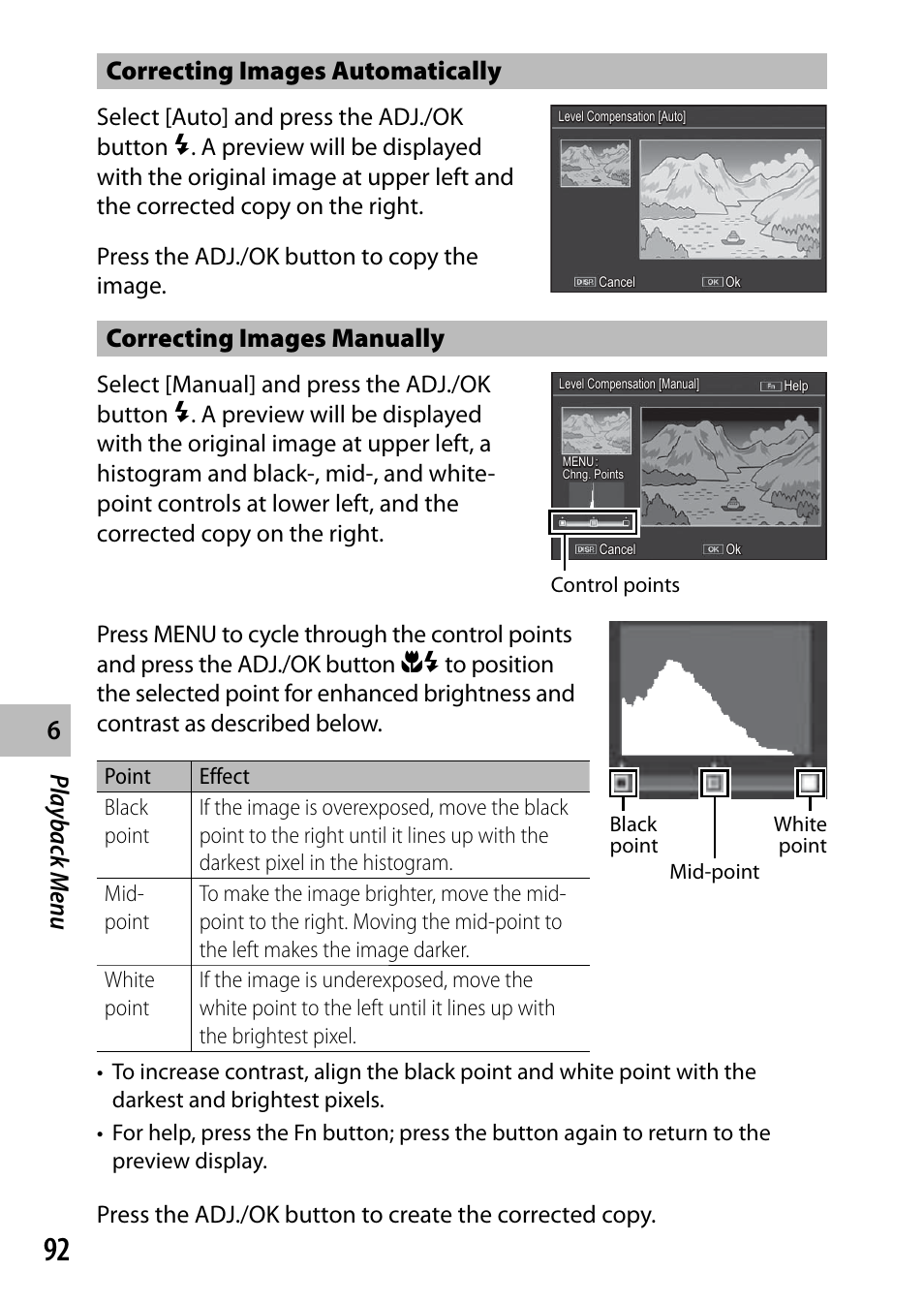 Playback men u correcting images automatically, Correcting images manually, Control points | Black point mid-point white point | Samsung CX4 User Manual | Page 93 / 144