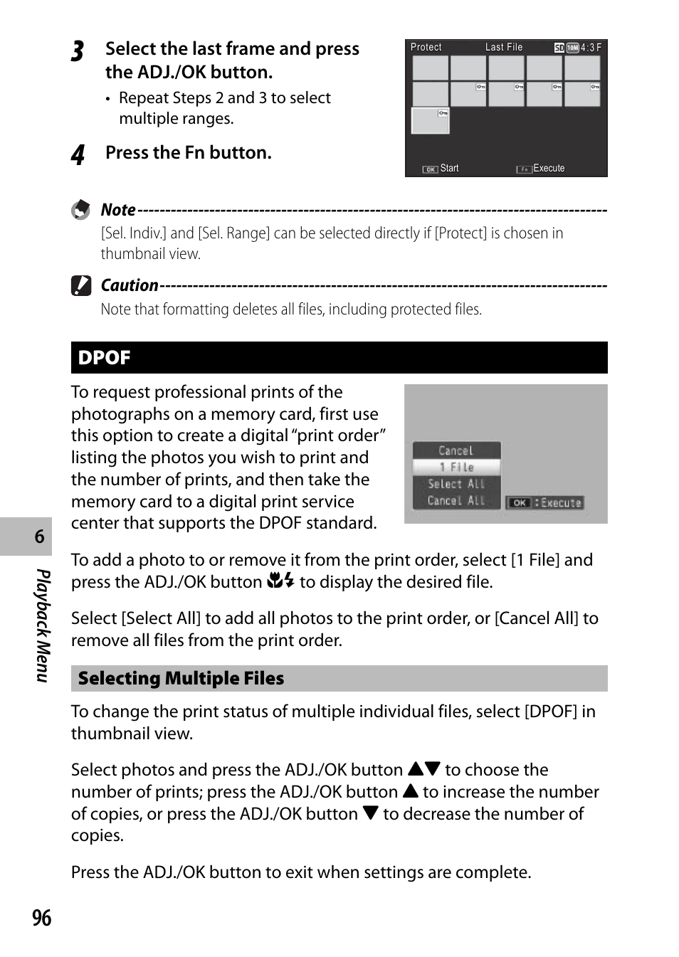Dpof, Playback men u, Select the last frame and press the adj./ok button | Press the fn button, Selecting multiple files, Caution | Samsung CX4 User Manual | Page 97 / 144