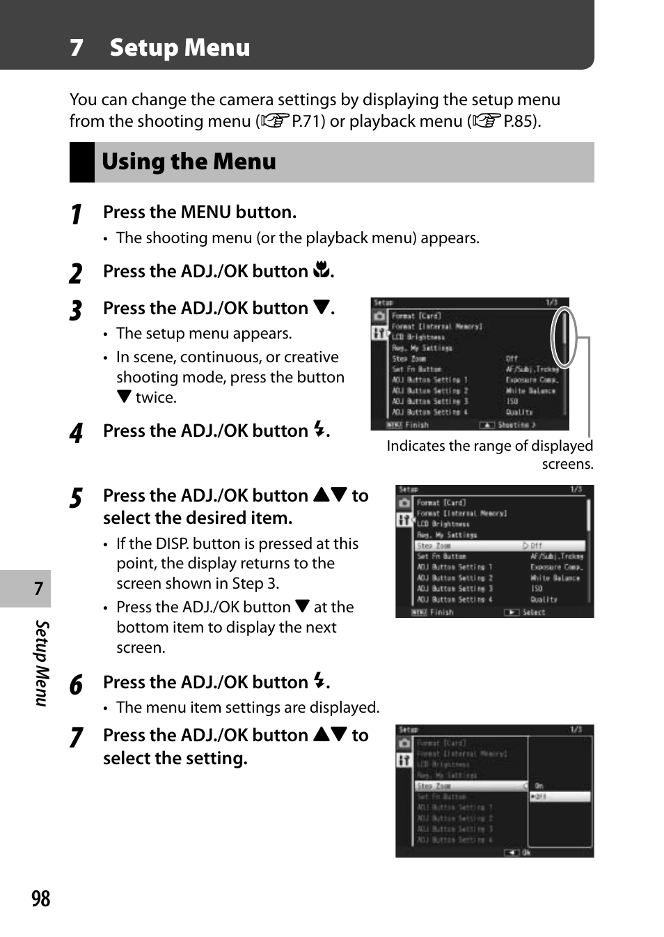 7setup menu, Using the menu | Samsung CX4 User Manual | Page 99 / 144