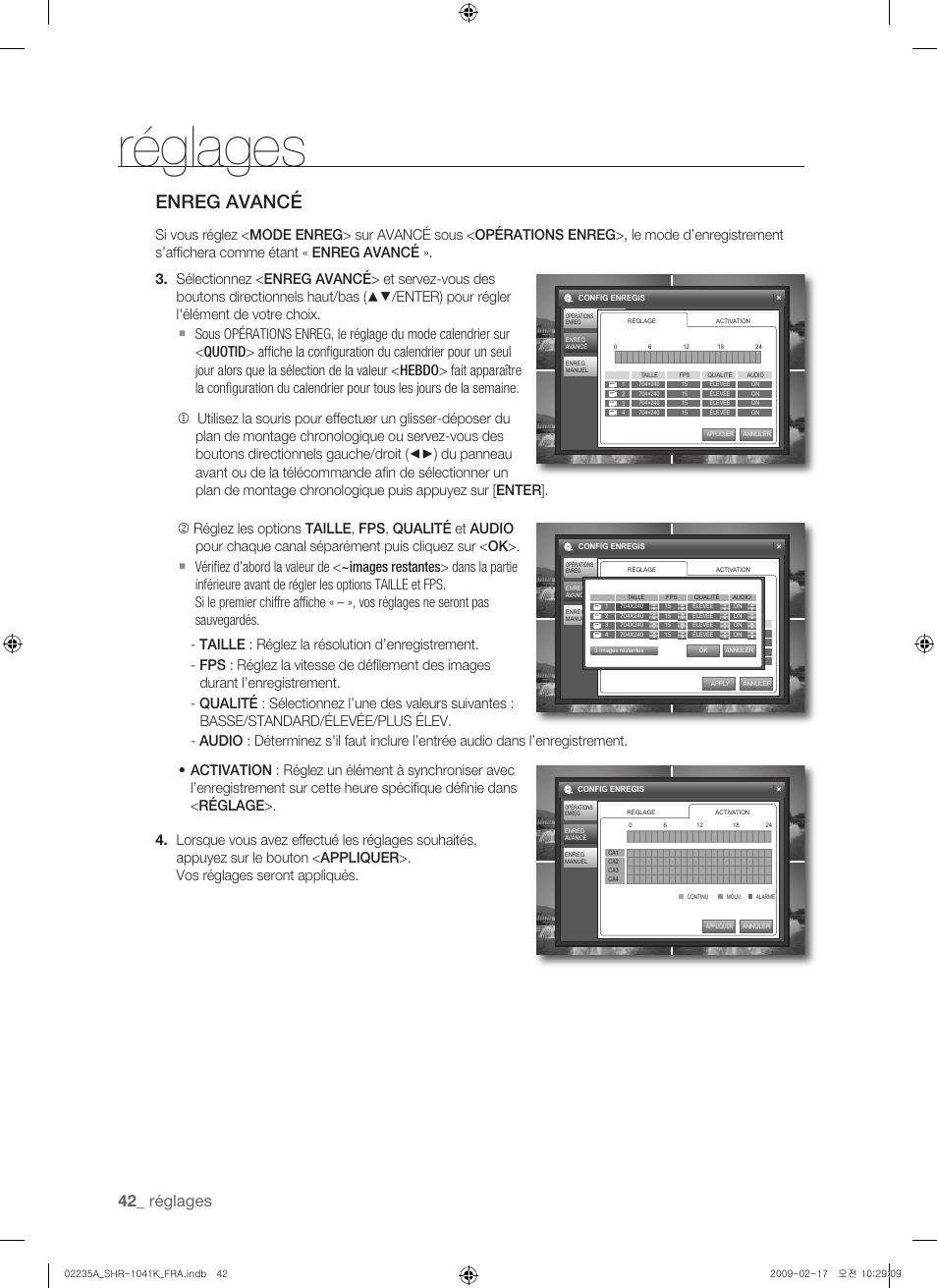 Enreg avancé, Réglages | Samsung SHR-1041 User Manual | Page 100 / 174