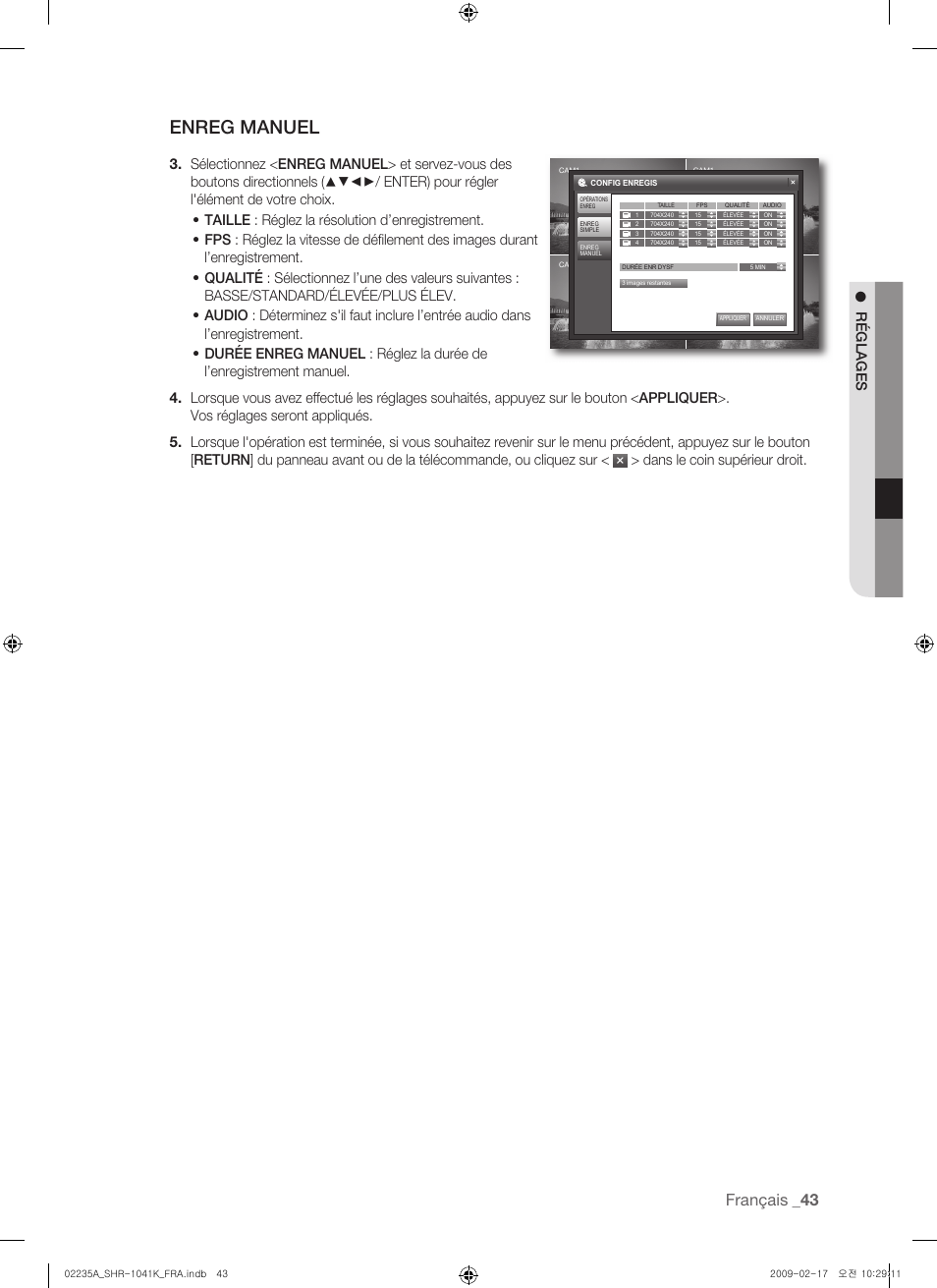 Enreg manuel, Français, Réglages | Dans le coin supérieur droit | Samsung SHR-1041 User Manual | Page 101 / 174