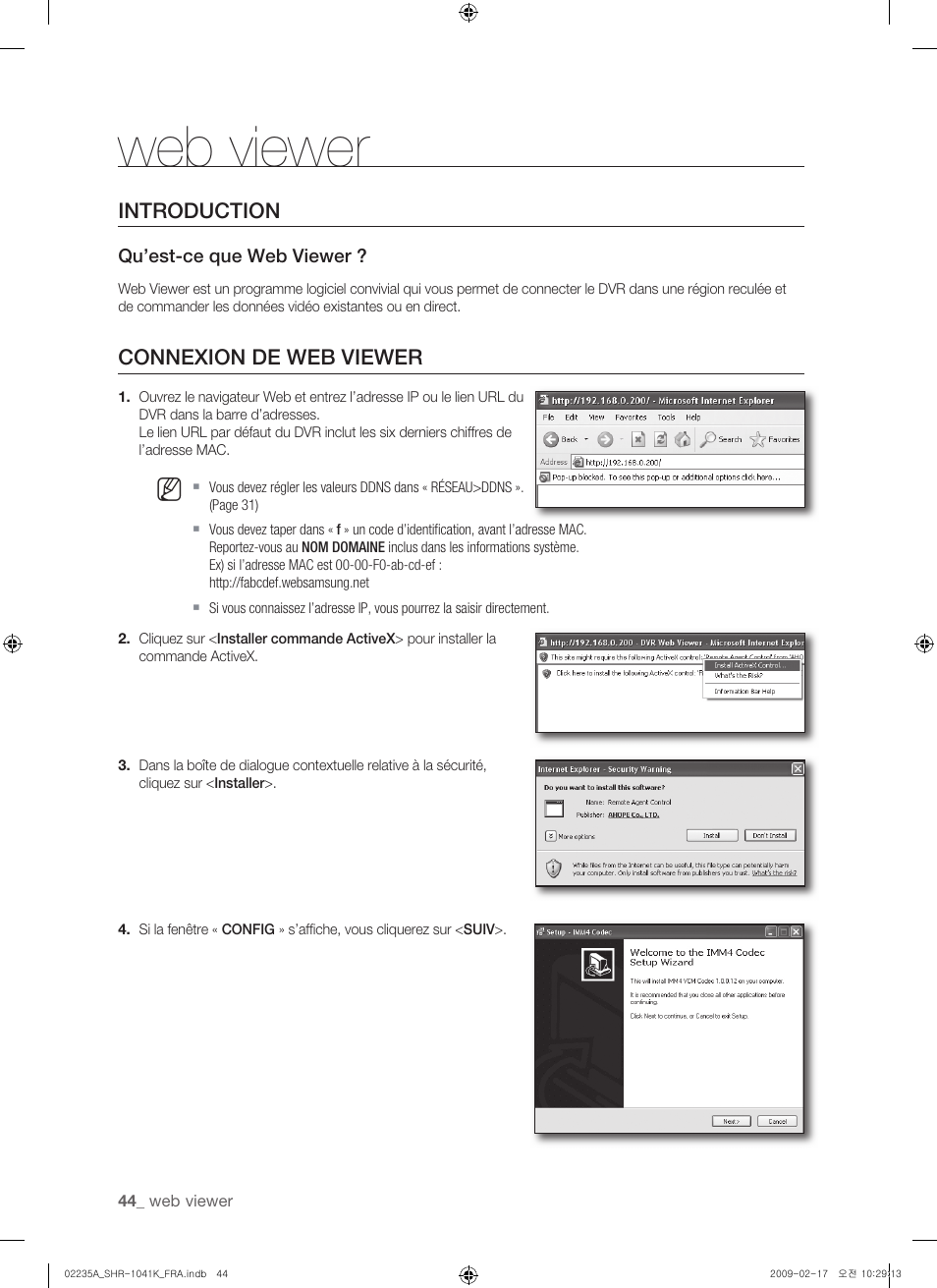 Web viewer, Introduction, Connexion de web viewer | Samsung SHR-1041 User Manual | Page 102 / 174