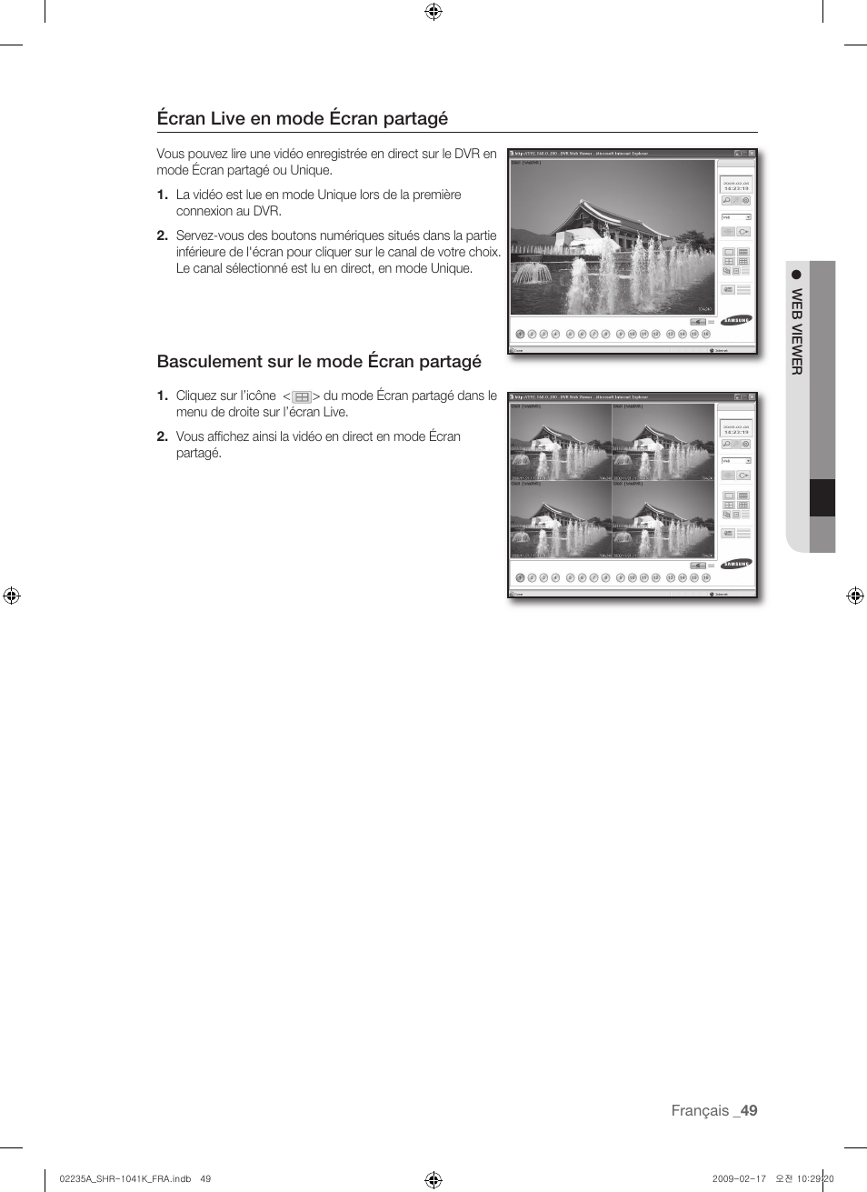 Écran live en mode écran partagé, Basculement sur le mode écran partagé | Samsung SHR-1041 User Manual | Page 107 / 174