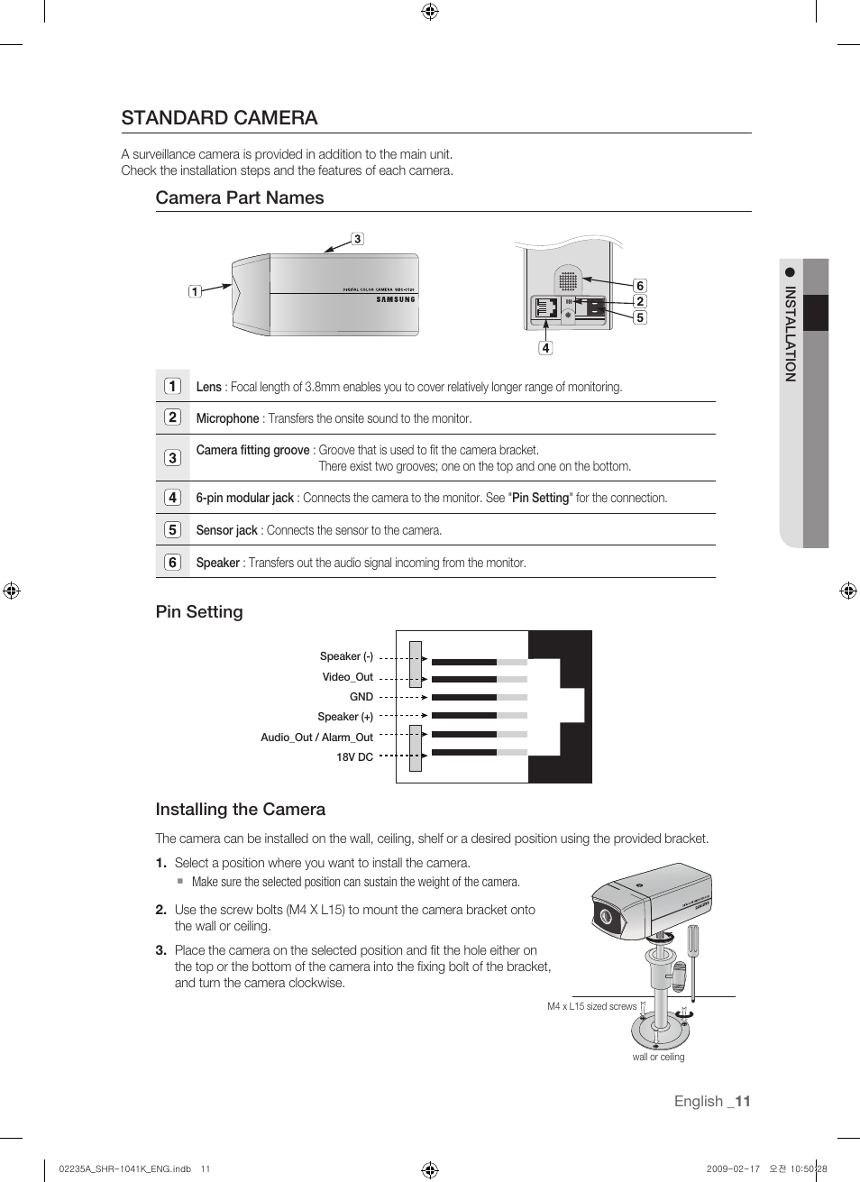 Standard camera, Camera part names, Pin setting installing the camera | Samsung SHR-1041 User Manual | Page 11 / 174