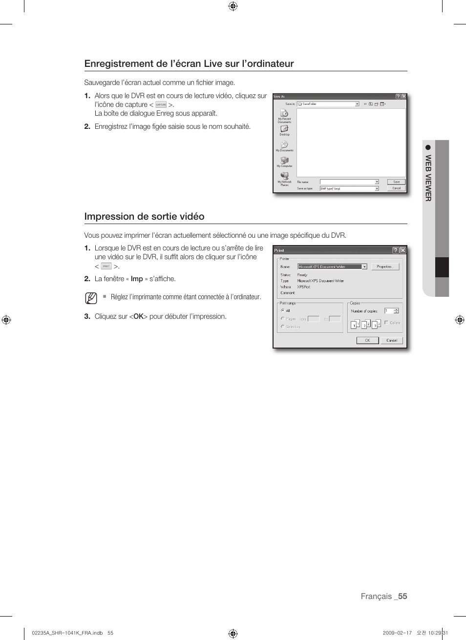 Enregistrement de l’écran live sur l’ordinateur, Impression de sortie vidéo | Samsung SHR-1041 User Manual | Page 113 / 174