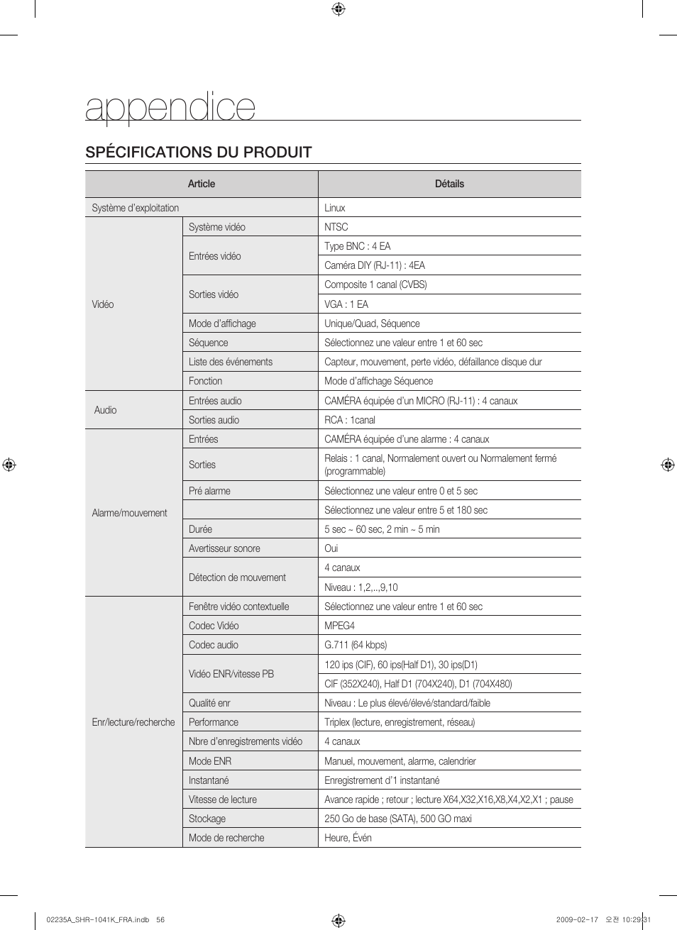 Appendice, Spécifications du produit | Samsung SHR-1041 User Manual | Page 114 / 174