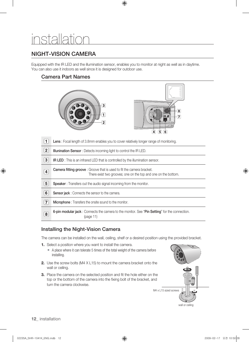 Installation, Night-vision camera, Camera part names | Samsung SHR-1041 User Manual | Page 12 / 174