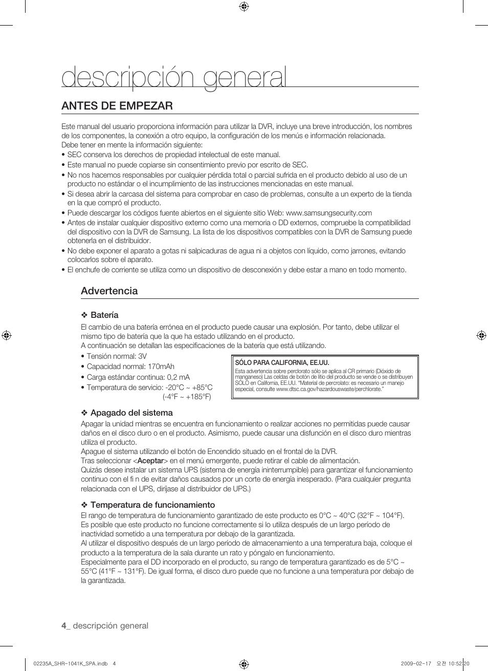 Descripción general, Antes de empezar, Advertencia | Samsung SHR-1041 User Manual | Page 120 / 174