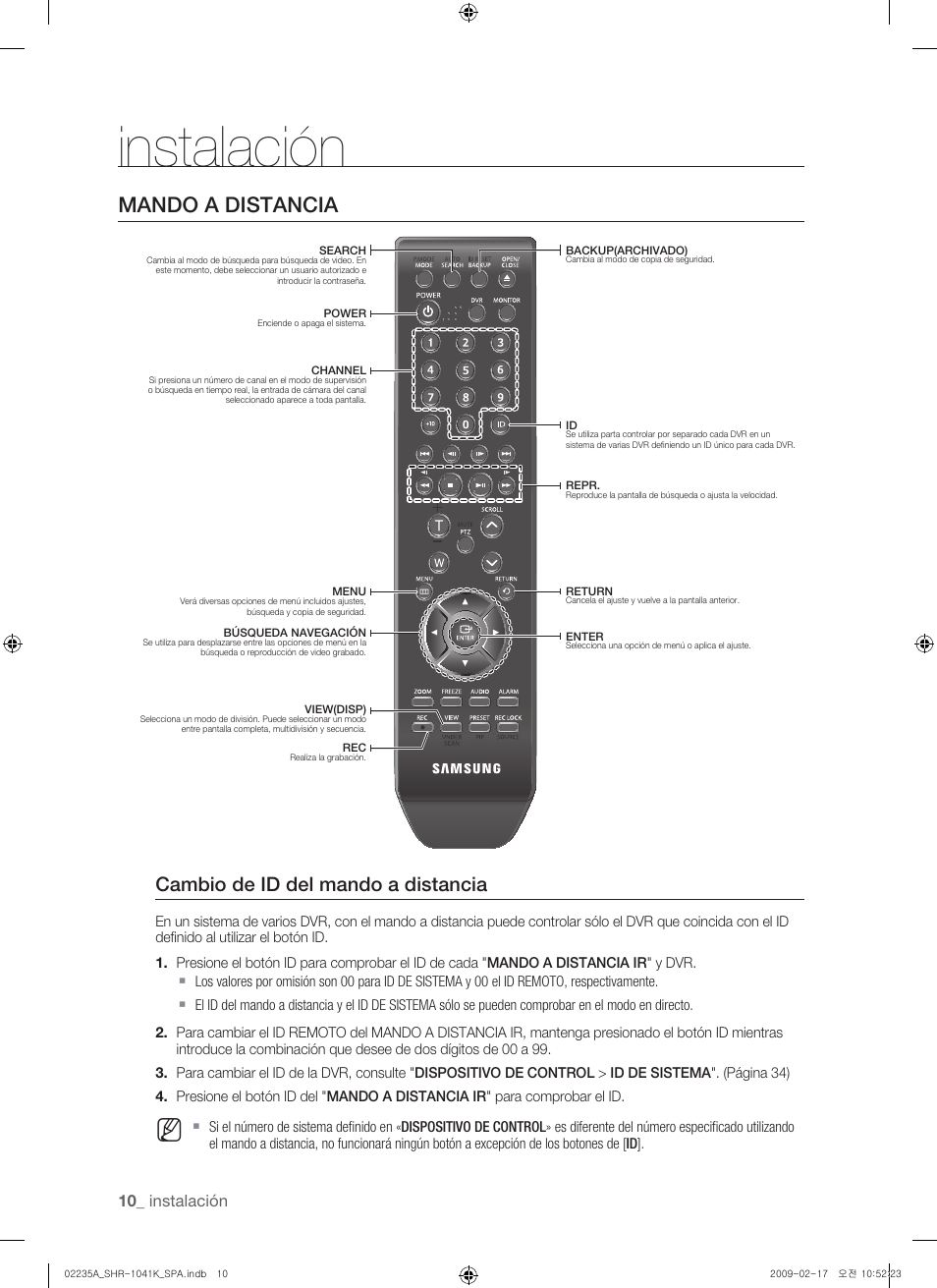Instalación, Mando a distancia, Cambio de id del mando a distancia | Samsung SHR-1041 User Manual | Page 126 / 174